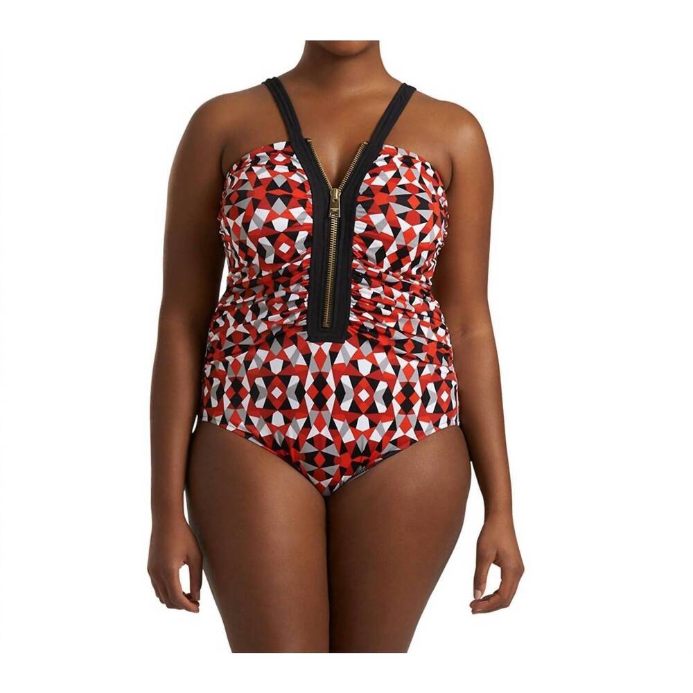 NEW ALWAYS FOR ME plus size lola zip front one piece swimsuit in red